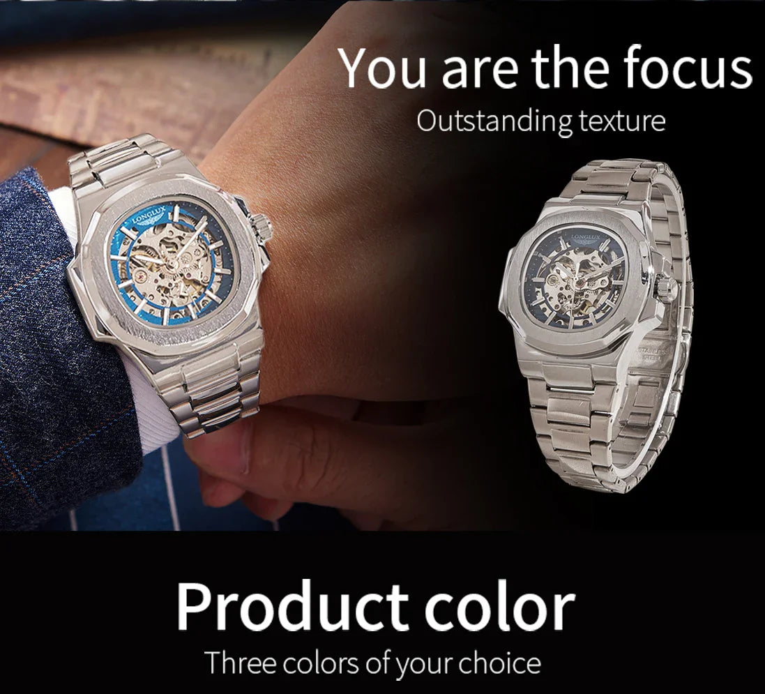 LONGLUX Luxury Automatic Skeleton Watch – Stainless Steel Waterproof Mechanical Timepiece for Men