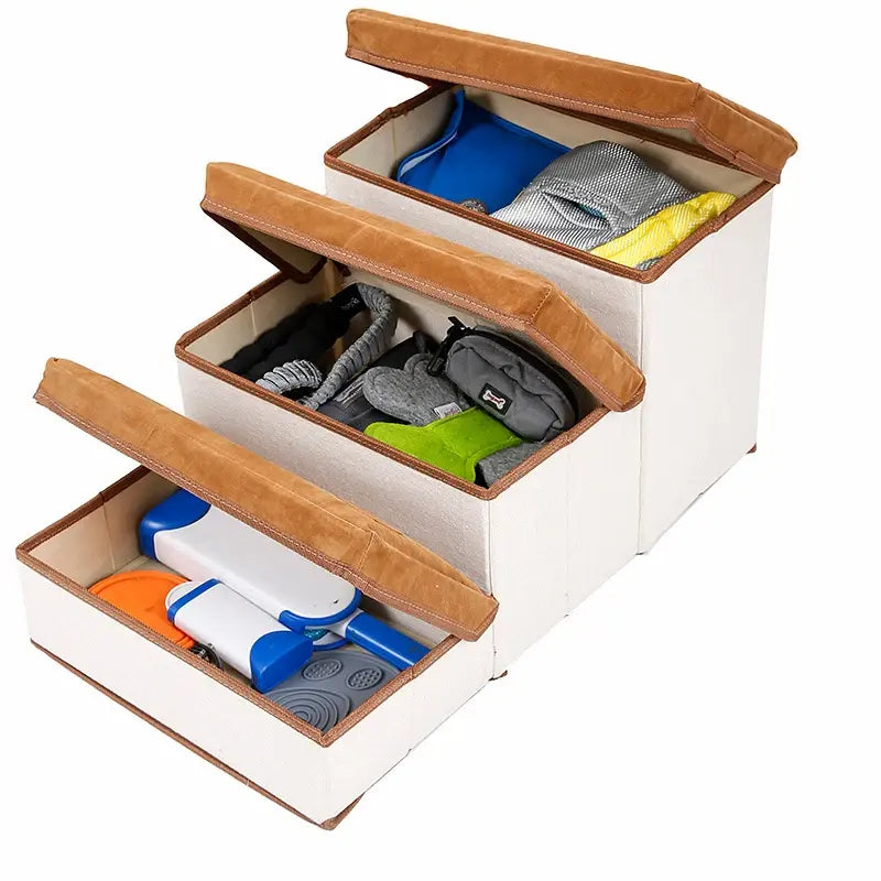 3-Layer Folding Pet Stairs with Storage – Soft Dog Steps for Beds & Sofas