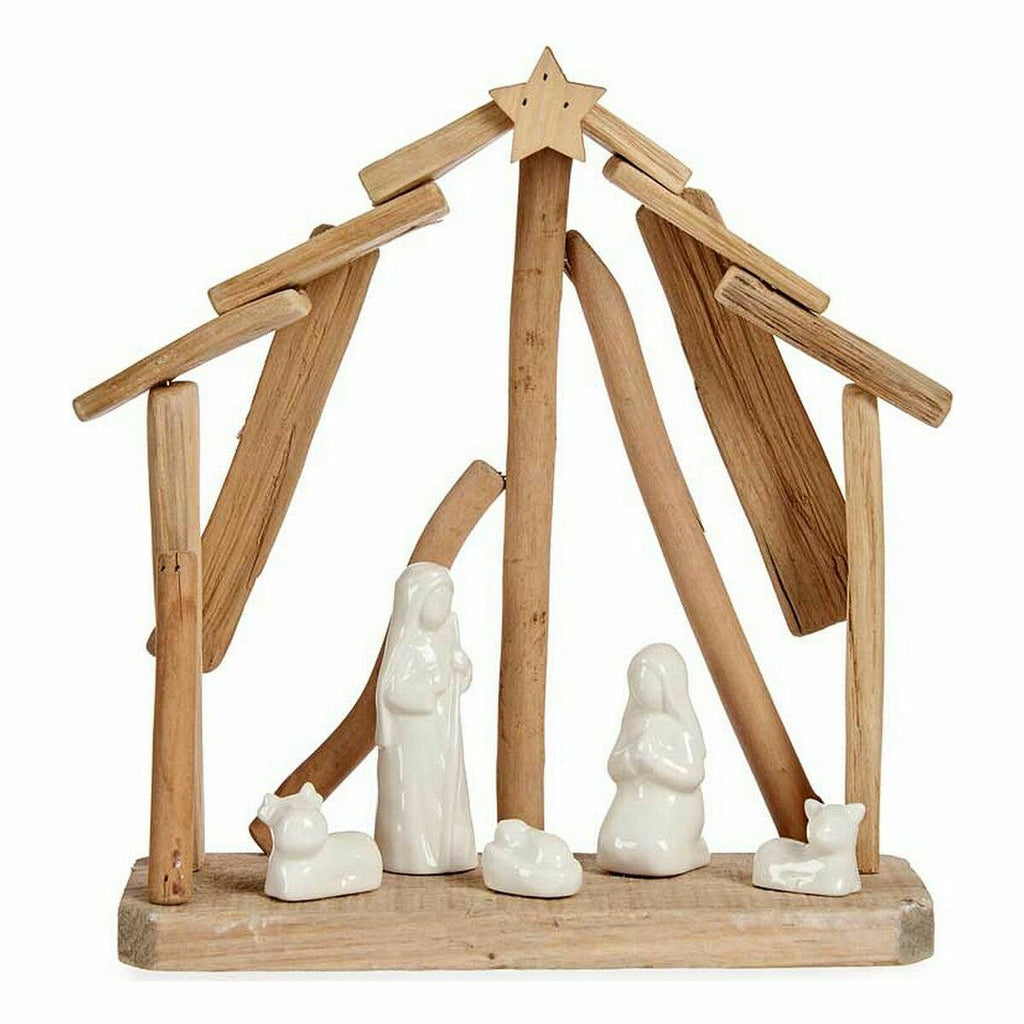 Ceramic Christmas Nativity Scene, Brown and White, 2 Units, 25 x 28 x 10 cm, Natural Wood Finish (2 Units)