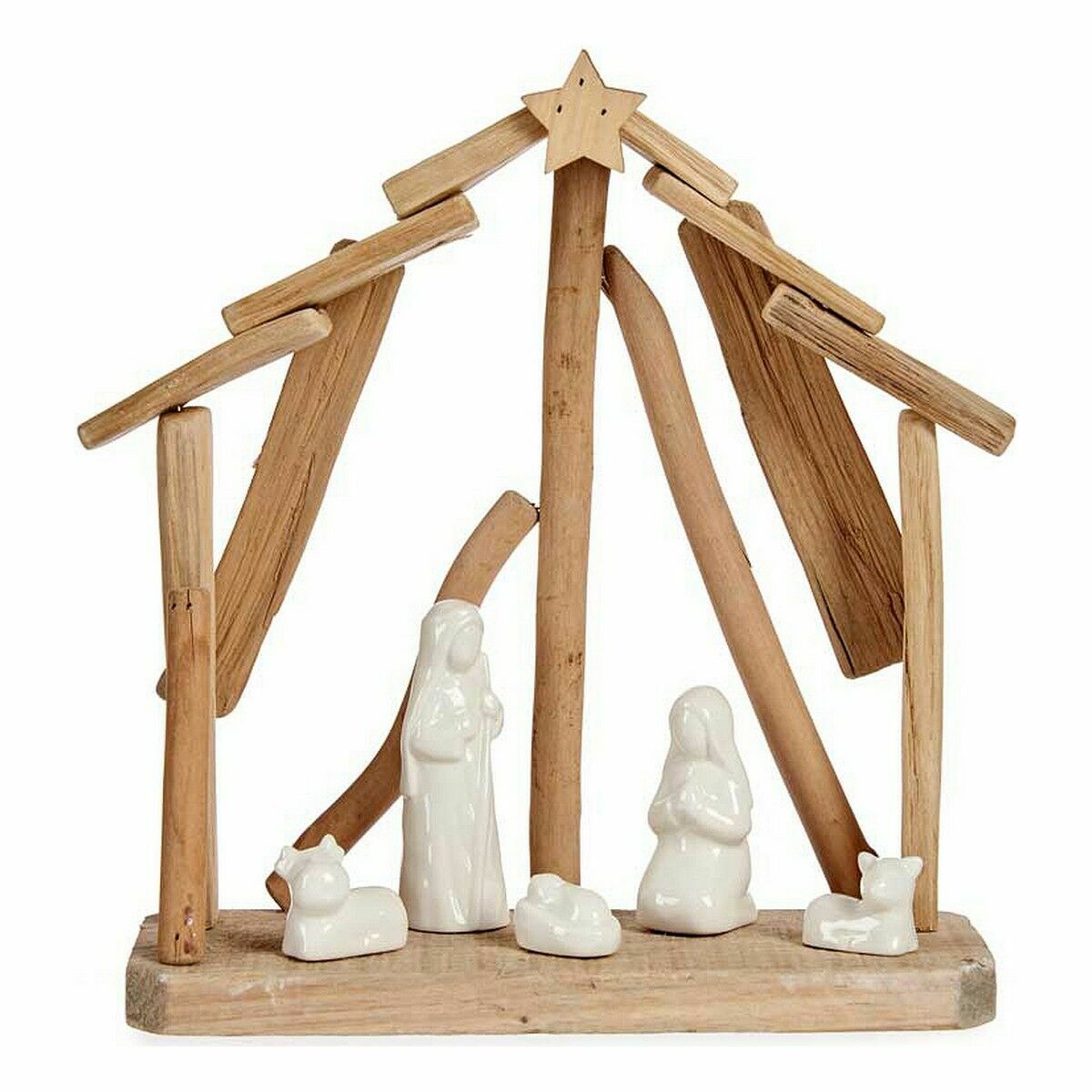 Ceramic Christmas Nativity Scene, Brown and White, 2 Units, 25 x 28 x 10 cm, Natural Wood Finish (2 Units)