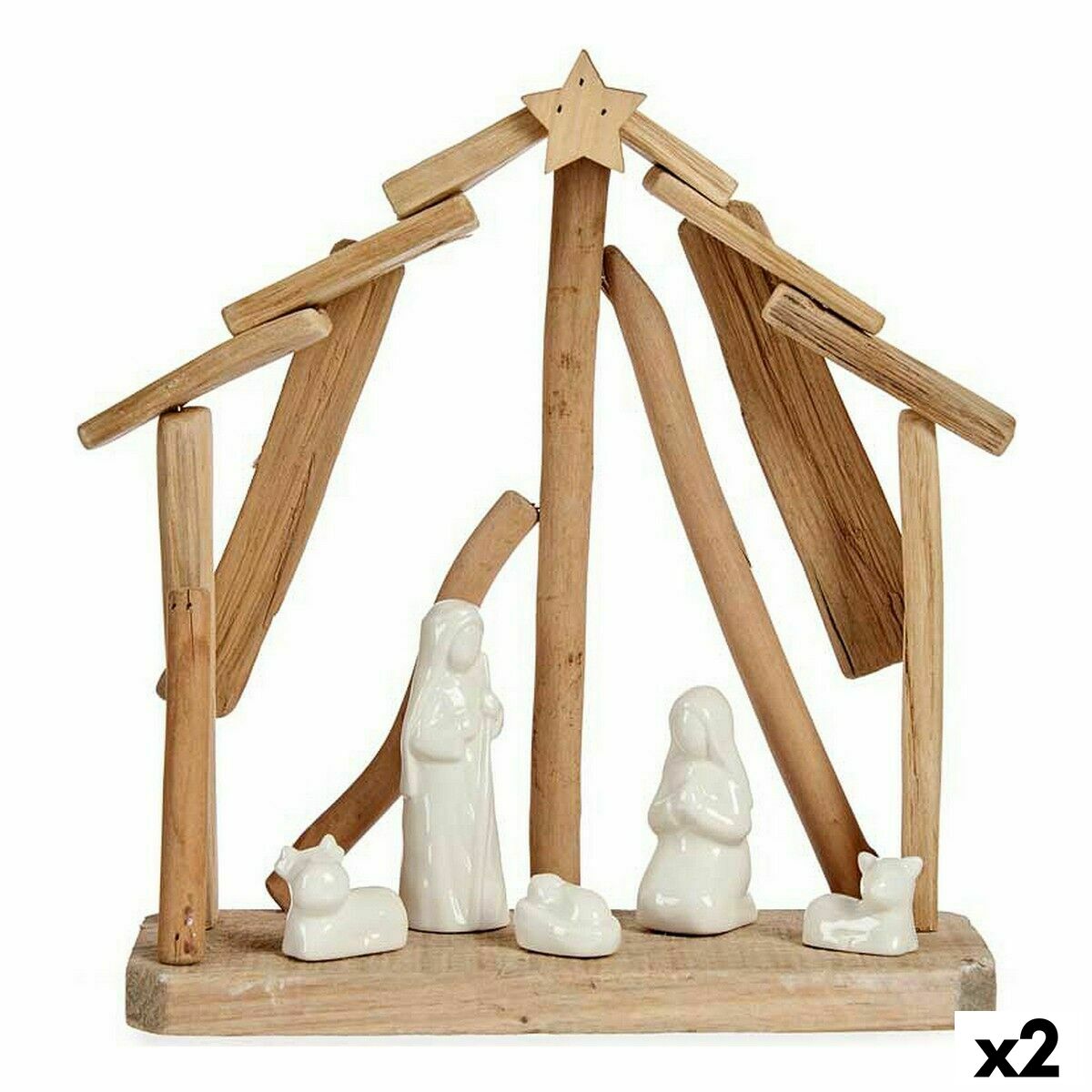 Ceramic Christmas Nativity Scene, Brown and White, 2 Units, 25 x 28 x 10 cm, Natural Wood Finish (2 Units)