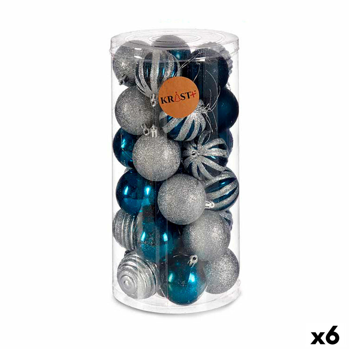 Set of 6 Plastic Blue Silver Christmas Balls, Ø 6 cm