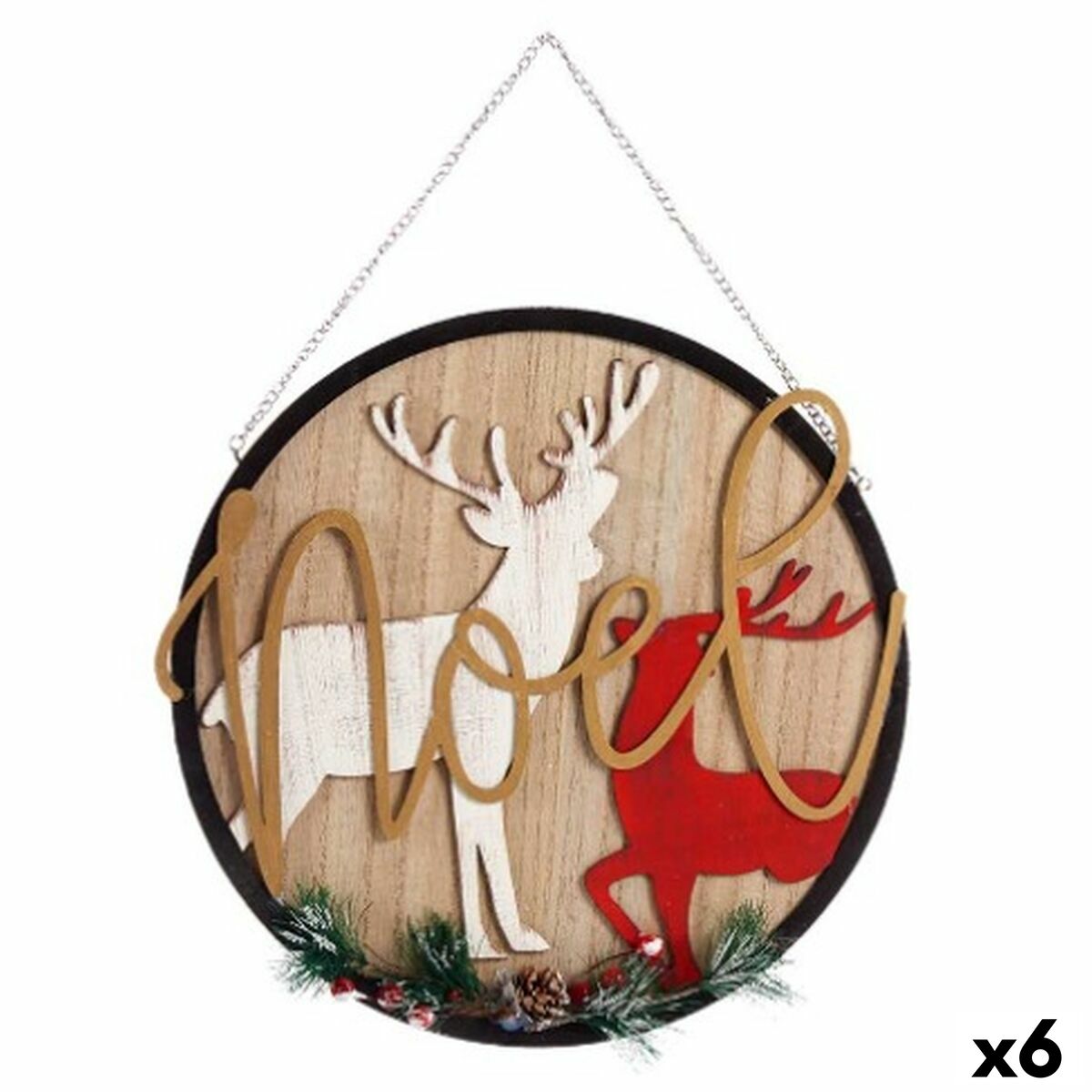 Hanging Christmas Reindeer Plaque Decoration, Natural Wood, MDF, 29 x 1 x 29 cm (6 Units)