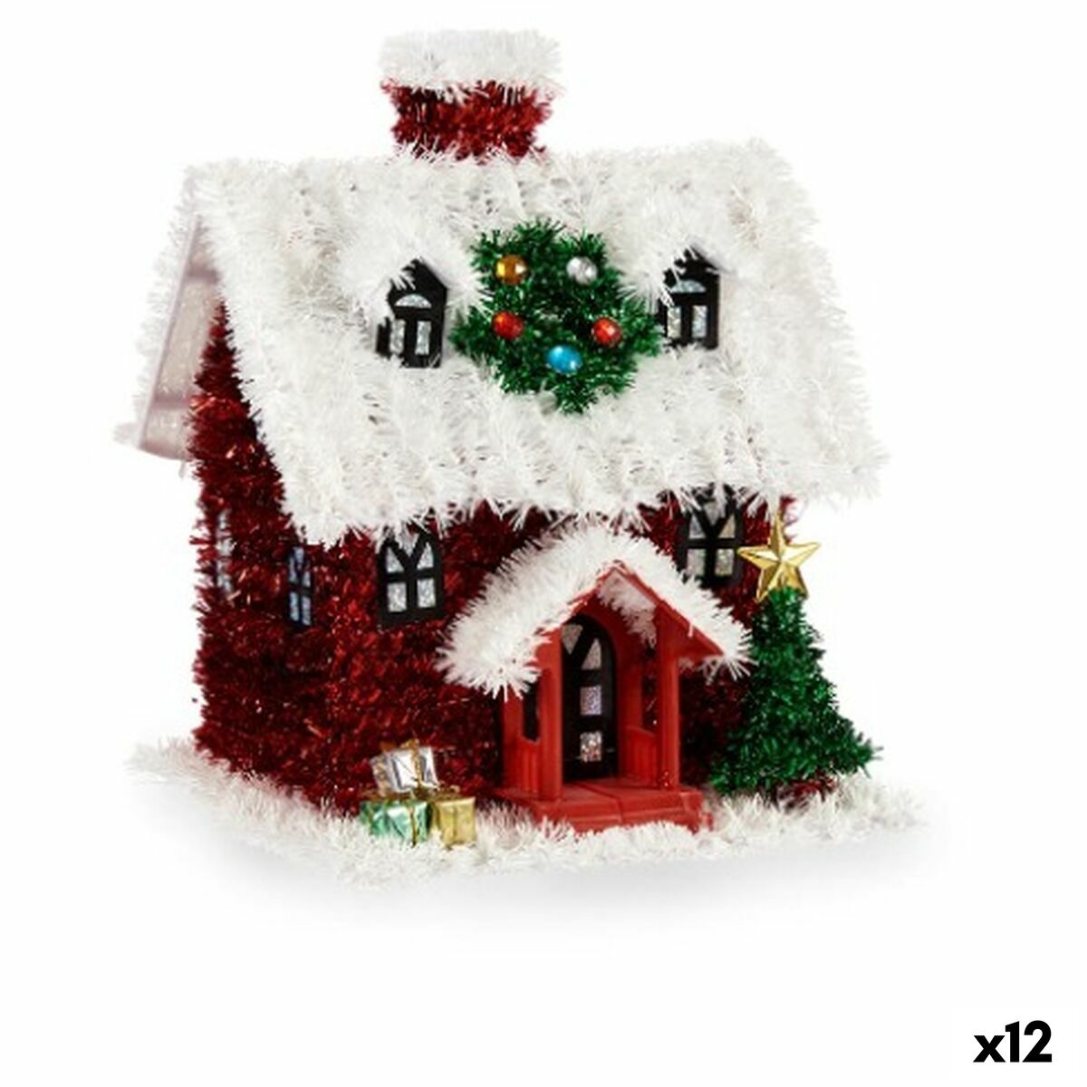 Decorative House Ornament, Sparkling, White and Red, Polypropylene PET, 19 x 24.5 x 19 cm (12 Units)