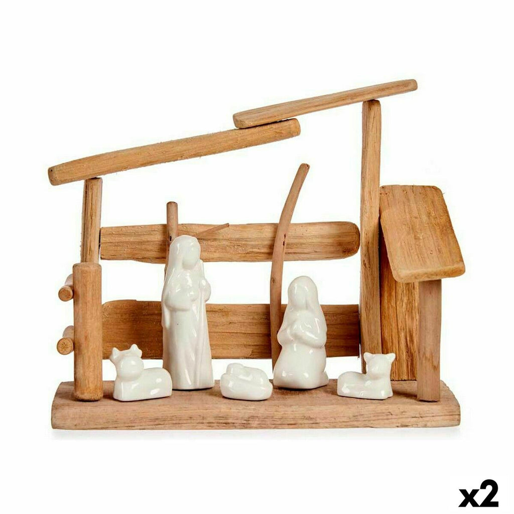 Nativity Scene, Natural White, Wood, Ceramic, 10 x 21 x 25 cm (2 Units)