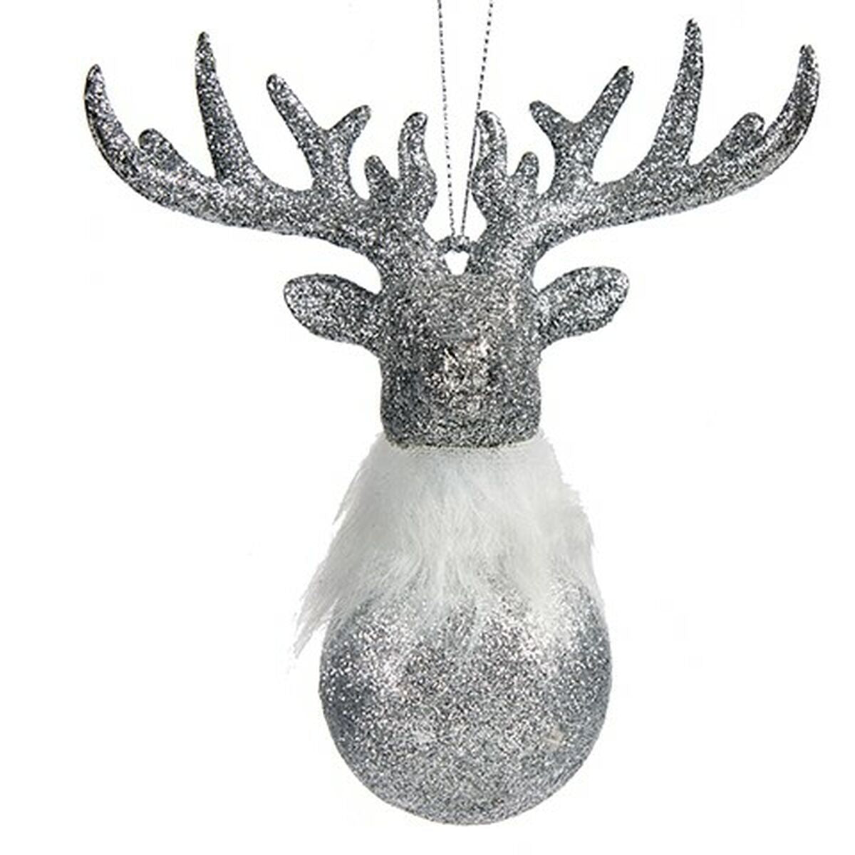Christmas Reindeer Ornament, Silver, Plastic, Glitter, 13.5 x 15.5 x 7 cm (24 Units)