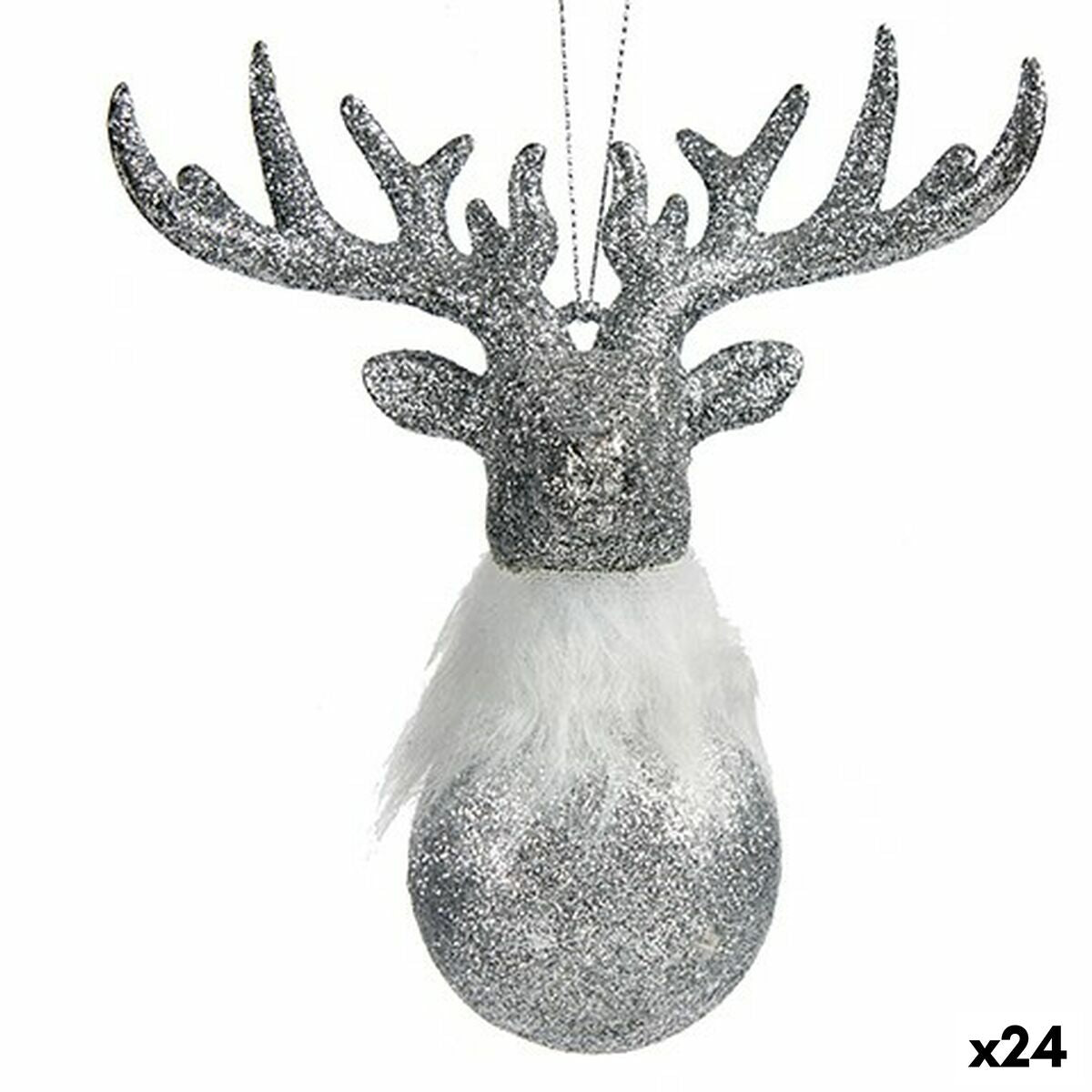 Christmas Reindeer Ornament, Silver, Plastic, Glitter, 13.5 x 15.5 x 7 cm (24 Units)