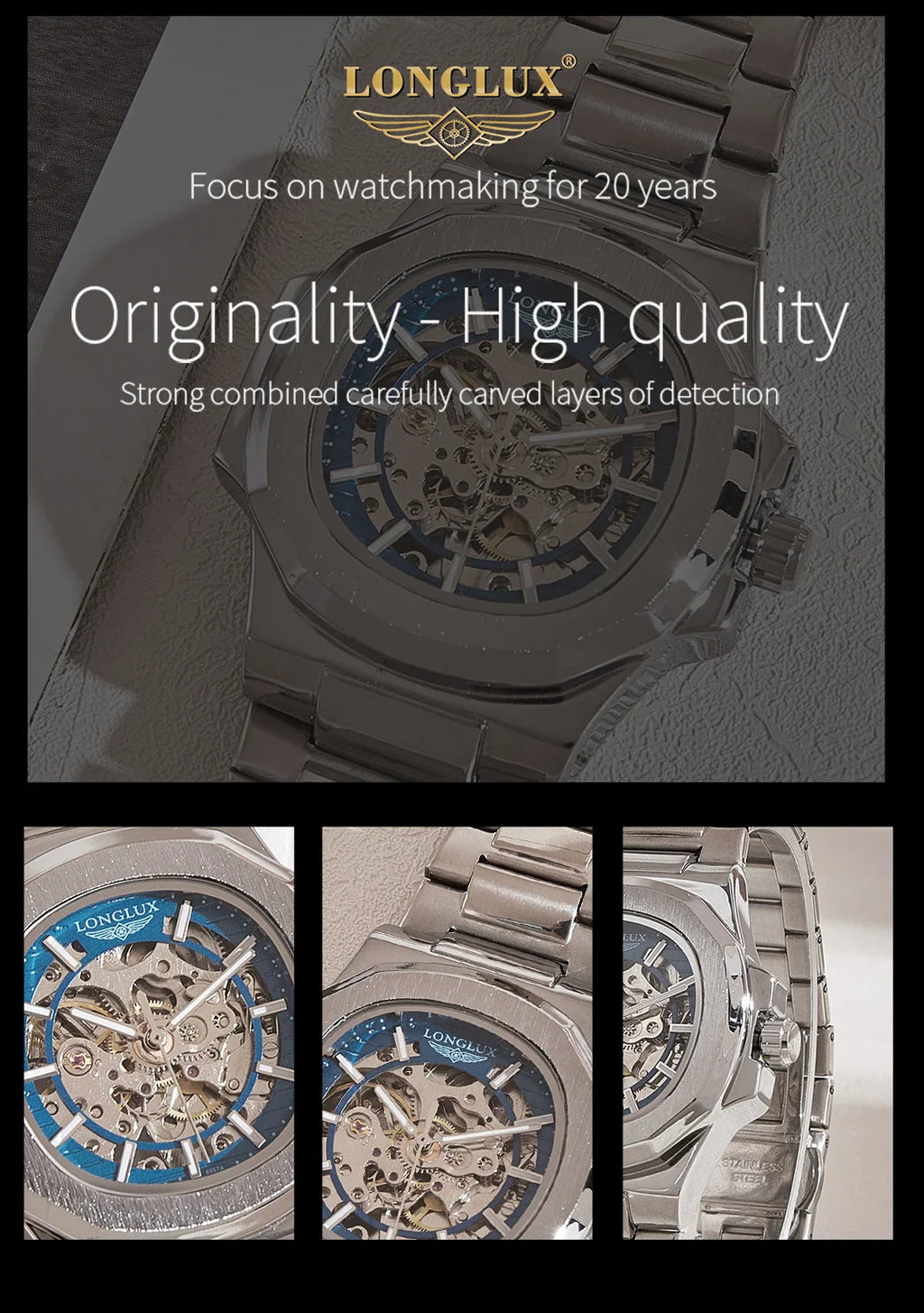 LONGLUX Luxury Automatic Skeleton Watch – Stainless Steel Waterproof Mechanical Timepiece for Men