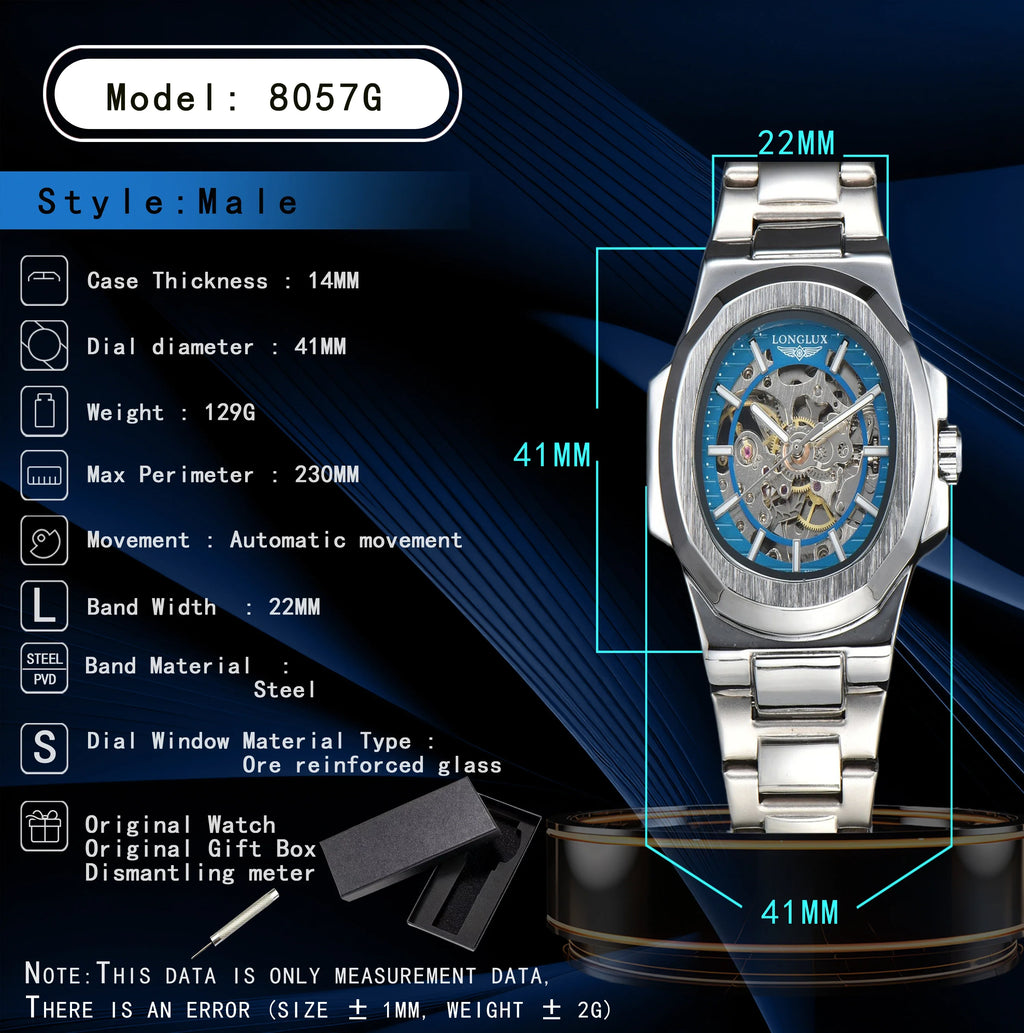 LONGLUX Luxury Automatic Skeleton Watch – Stainless Steel Waterproof Mechanical Timepiece for Men
