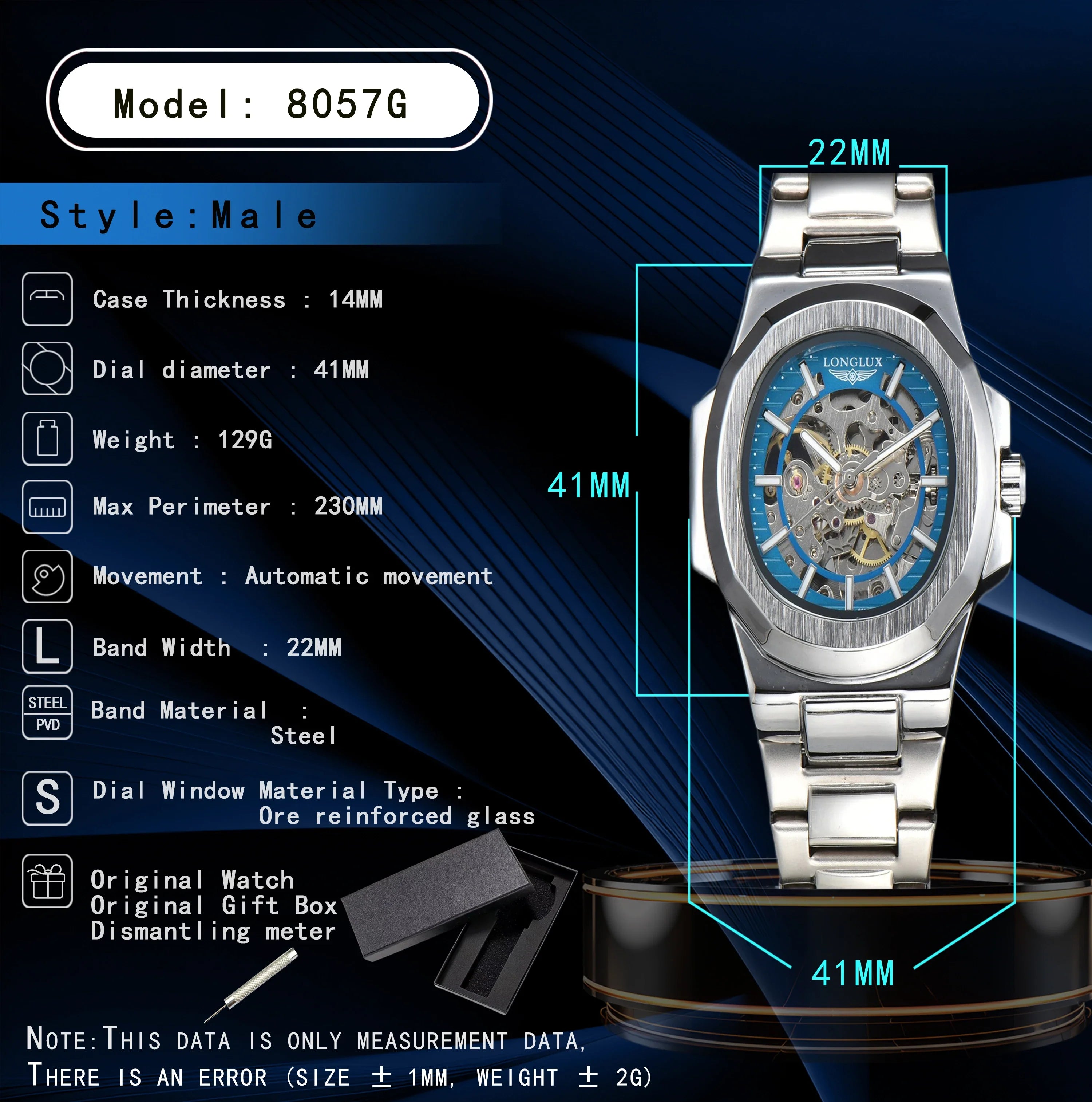 LONGLUX Luxury Automatic Skeleton Watch – Stainless Steel Waterproof Mechanical Timepiece for Men