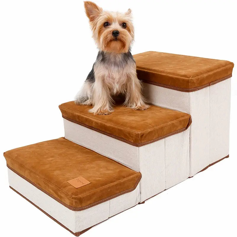 3-Layer Folding Pet Stairs with Storage – Soft Dog Steps for Beds & Sofas