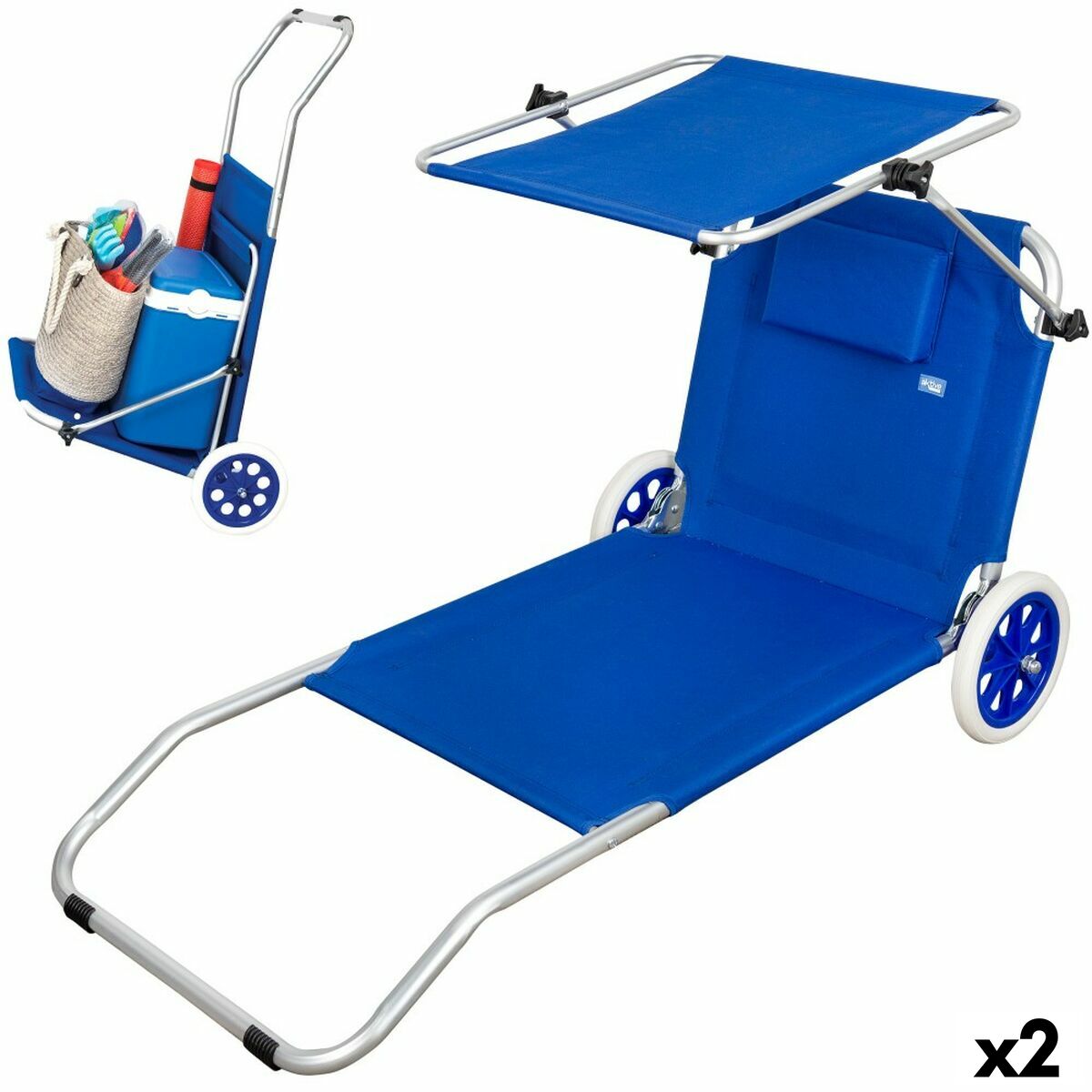 Espreguiçadeira Dobrável de Campismo Aktive Azul 62 x 62 x 117 cm Carro rebatível Toldo (2 Unidades)