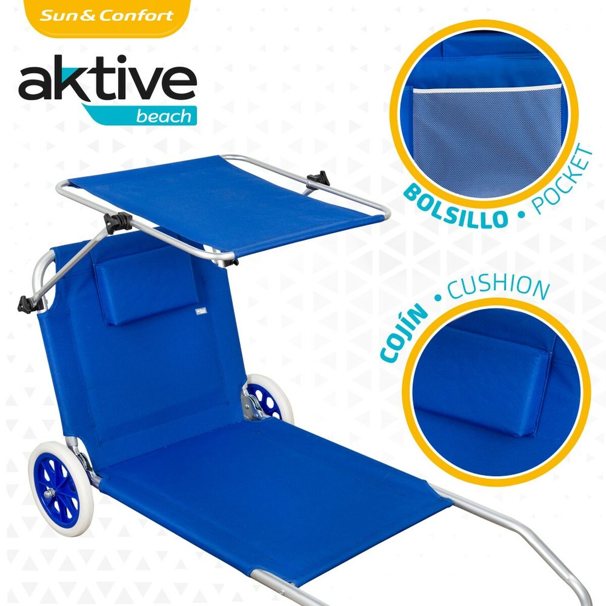 Espreguiçadeira Dobrável de Campismo Aktive Azul 62 x 62 x 117 cm Carro rebatível Toldo (2 Unidades)