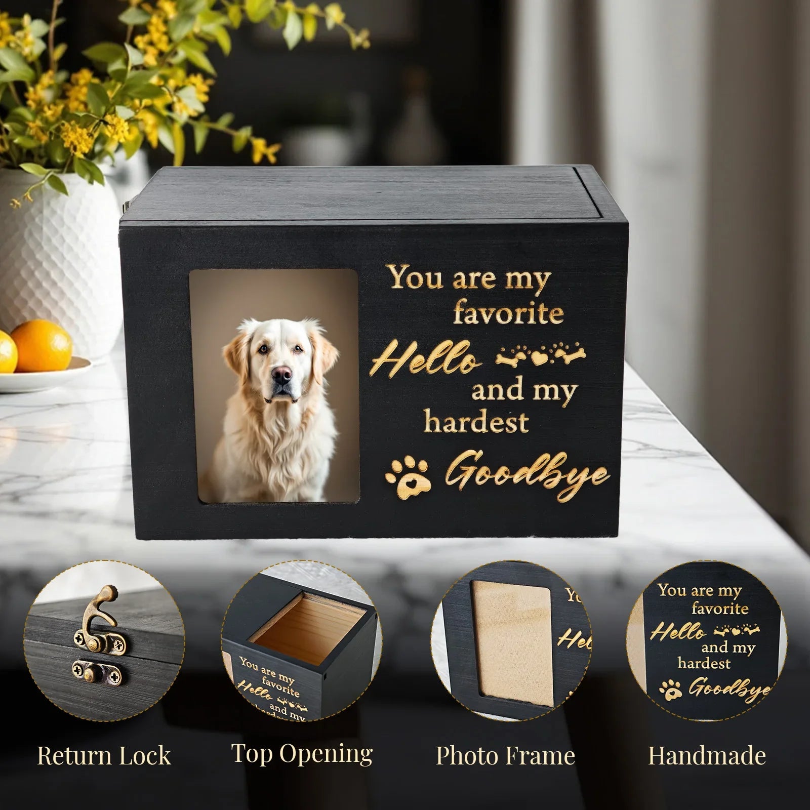 Wooden Pet Memorial Urn with Photo Frame - Dog Memorial Keepsake