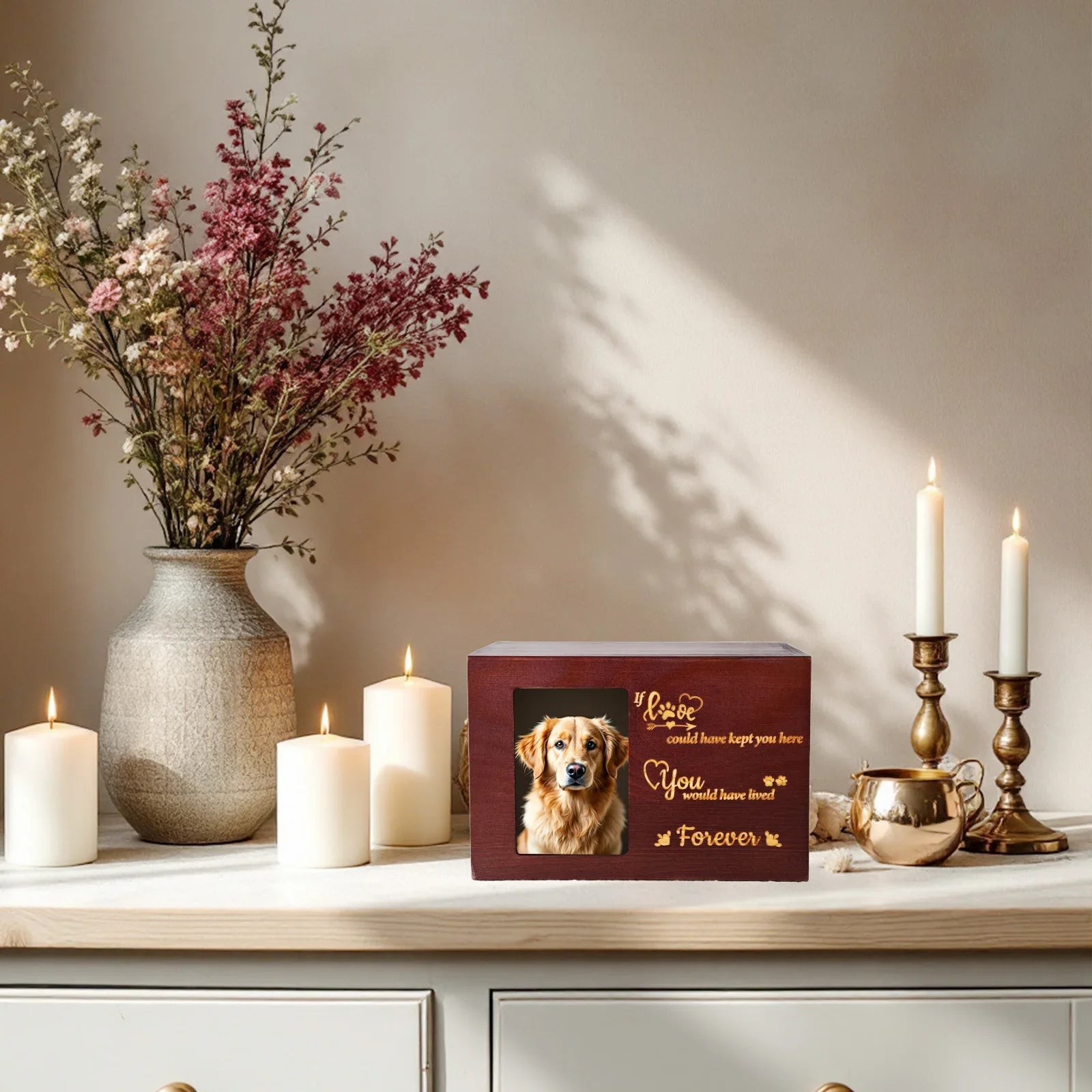 Wooden Pet Memorial Urn with Photo Frame - Dog Memorial Keepsake