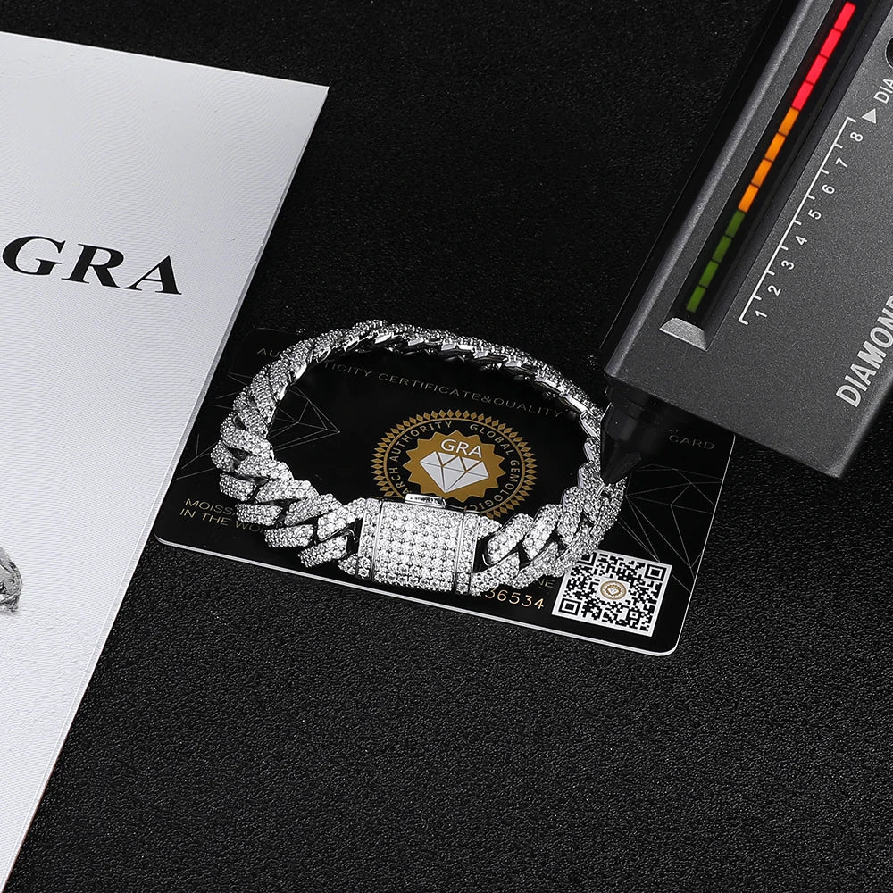 Miami Cuban Link Bracelet – Luxury 925 Silver Pulseira Masculina com Pedras VVS Moissanite | GRA Certified Iced-Out Dripication