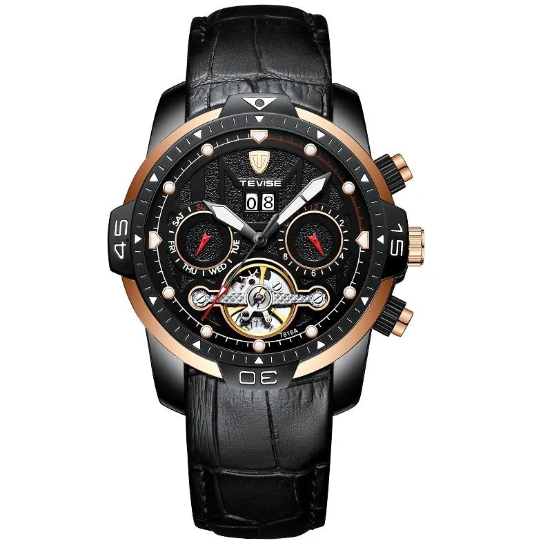 Luxury Men's Water Resistant Watch – Automatic Skeleton Dial &amp; Genuine Leather Strap