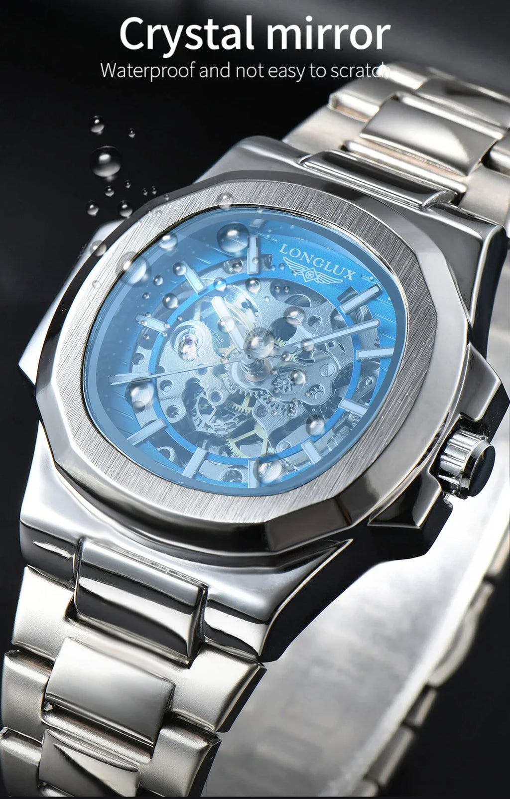 LONGLUX Luxury Automatic Skeleton Watch – Stainless Steel Waterproof Mechanical Timepiece for Men
