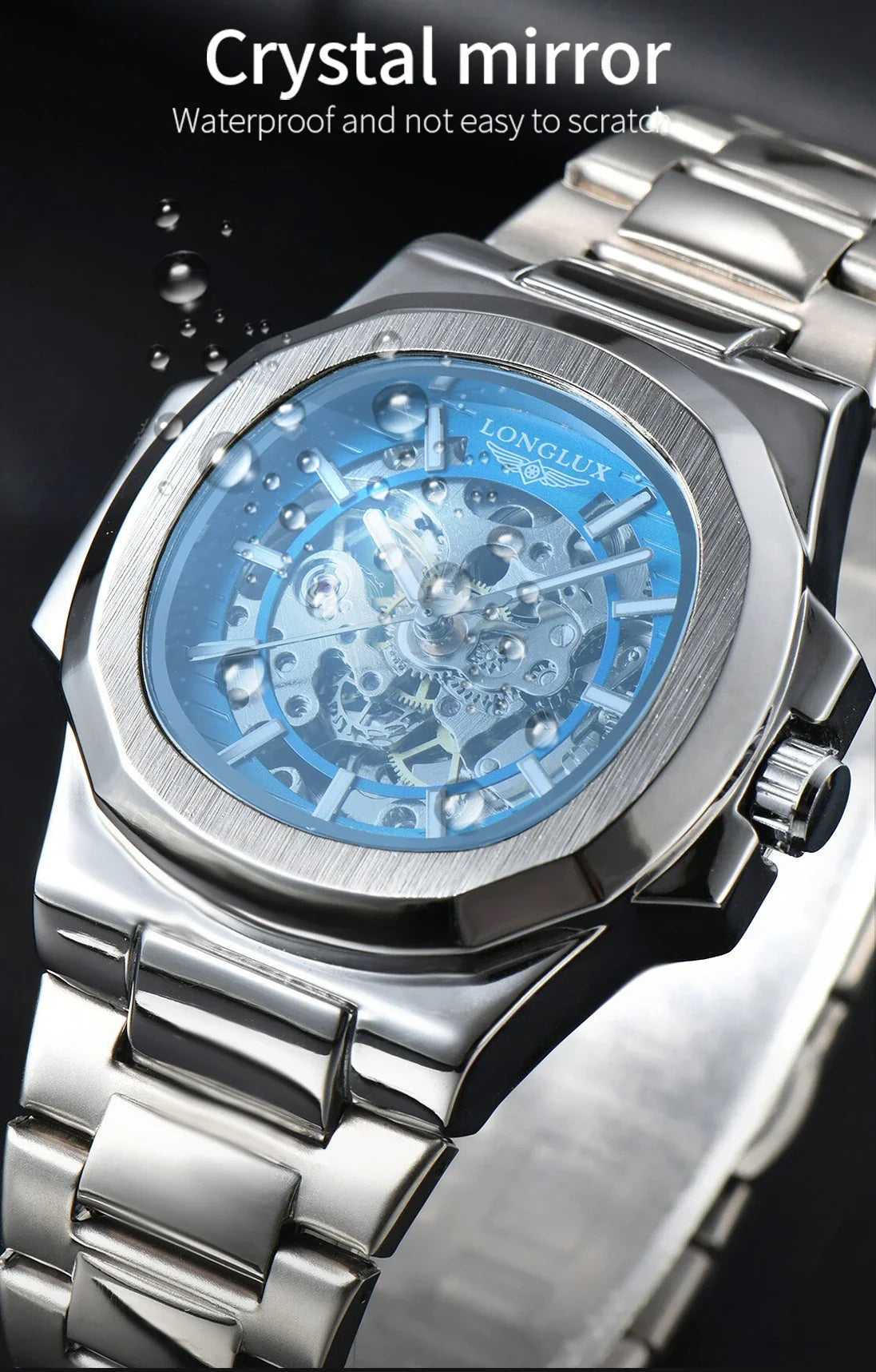 LONGLUX Luxury Automatic Skeleton Watch – Stainless Steel Waterproof Mechanical Timepiece for Men