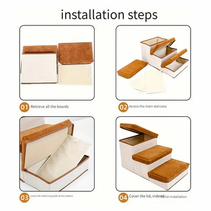 3-Layer Folding Pet Stairs with Storage – Soft Dog Steps for Beds & Sofas
