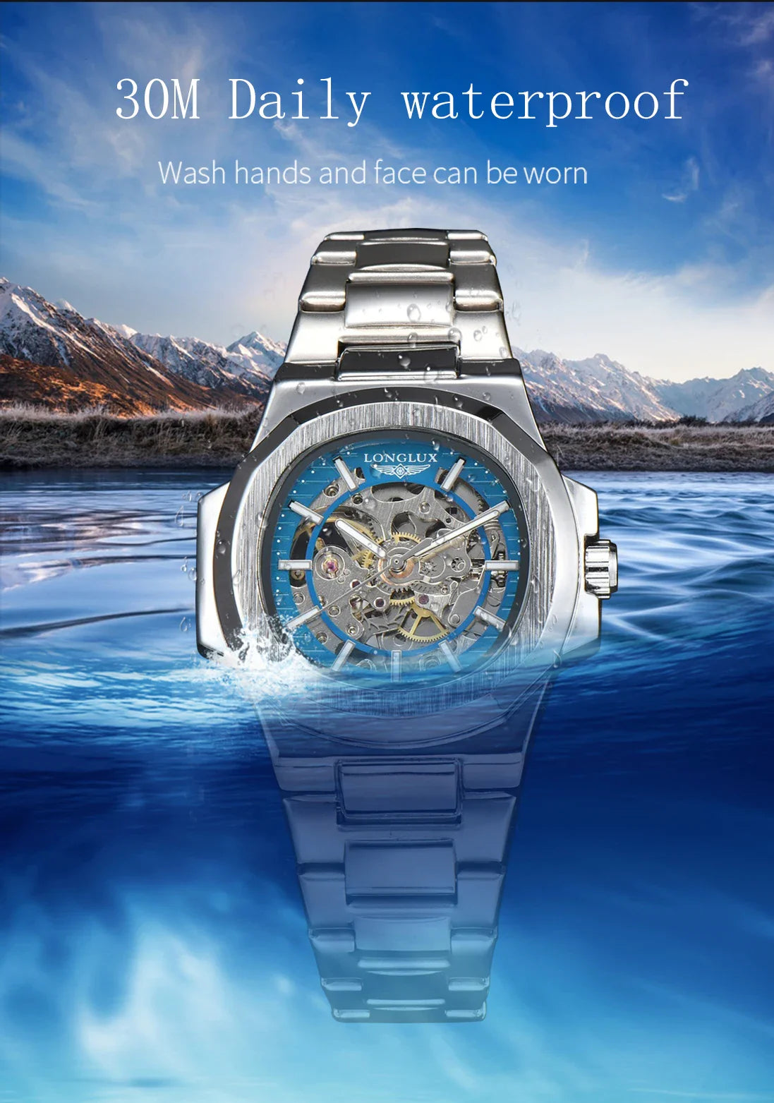 LONGLUX Luxury Automatic Skeleton Watch – Stainless Steel Waterproof Mechanical Timepiece for Men