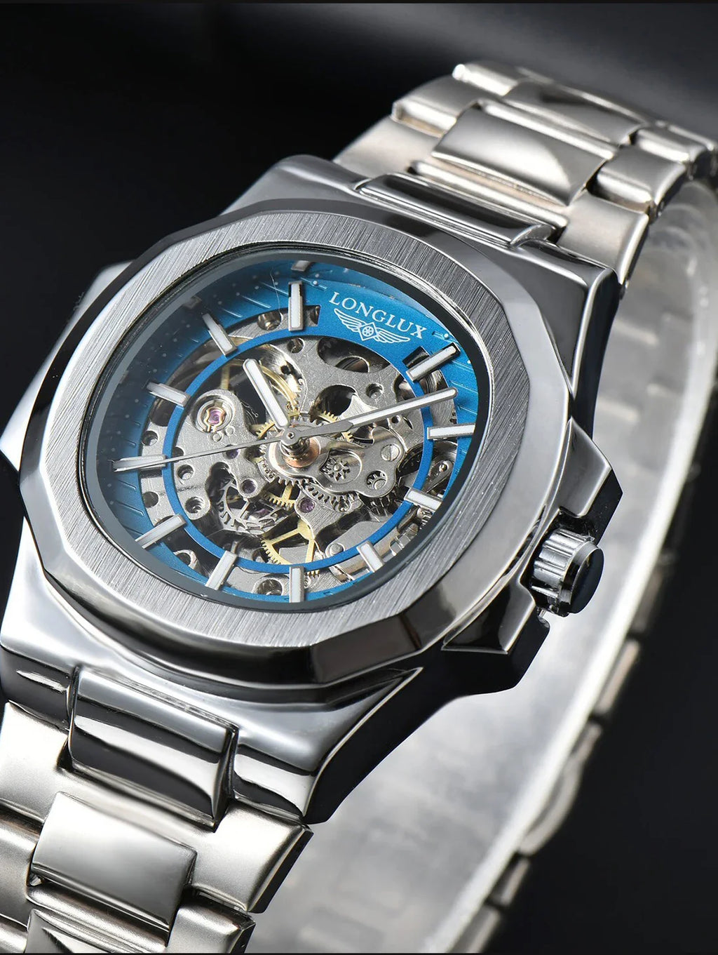 LONGLUX Luxury Automatic Skeleton Watch – Stainless Steel Waterproof Mechanical Timepiece for Men