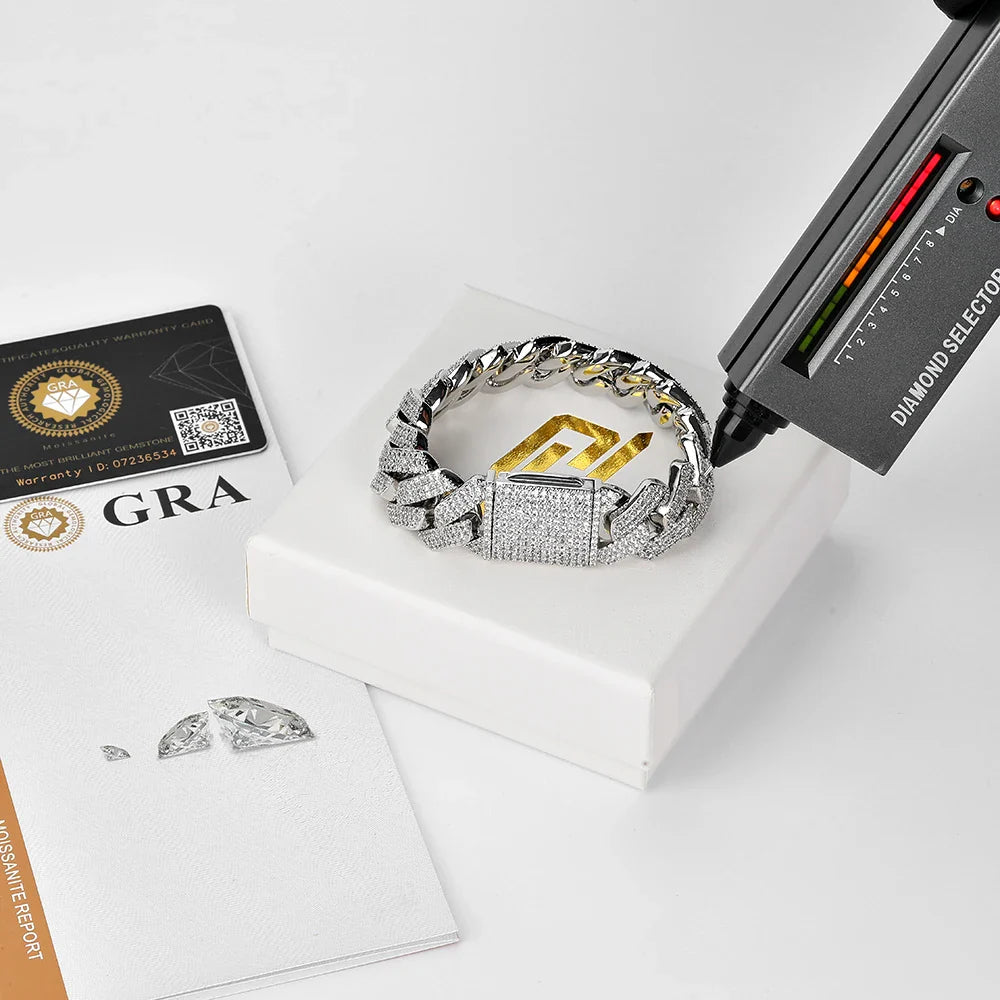 Miami Cuban Link Bracelet – Luxury 925 Silver Pulseira Masculina com Pedras VVS Moissanite | GRA Certified Iced-Out Dripication