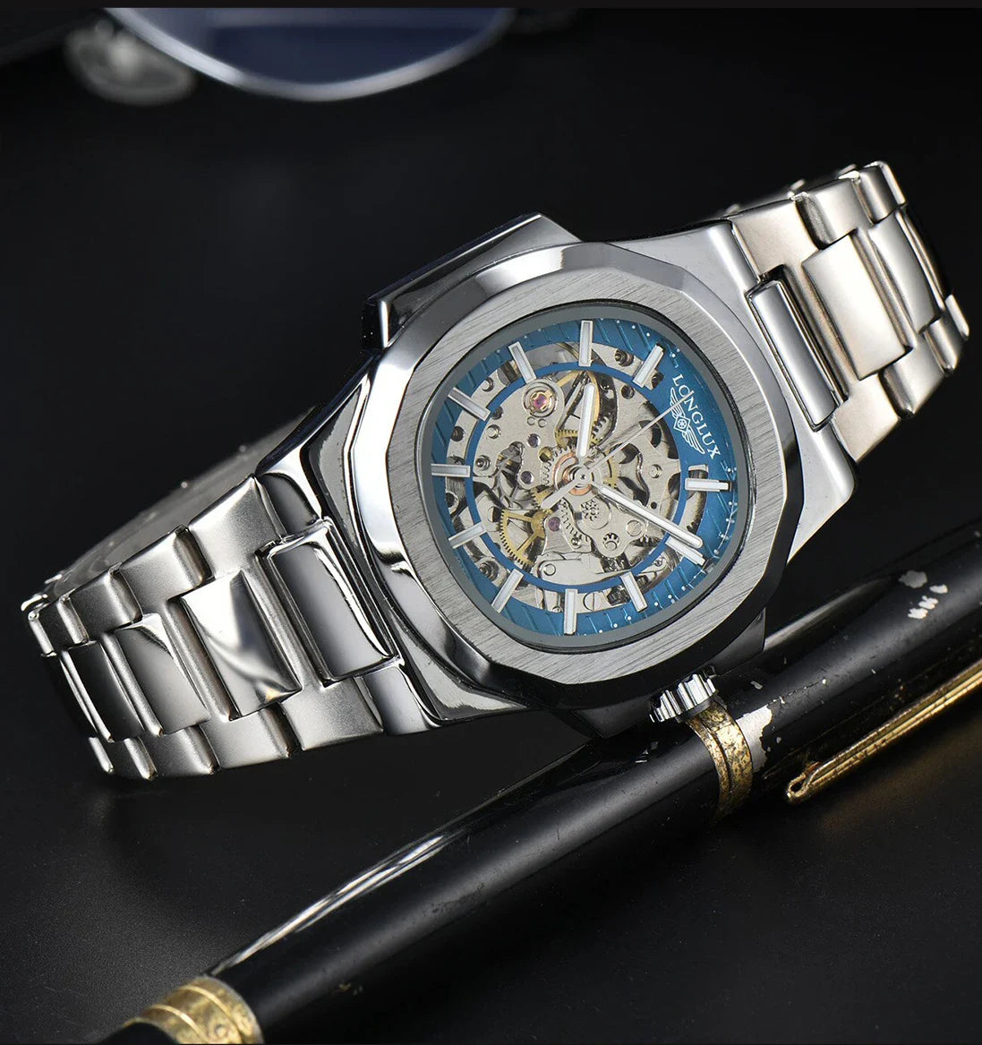 LONGLUX Luxury Automatic Skeleton Watch – Stainless Steel Waterproof Mechanical Timepiece for Men