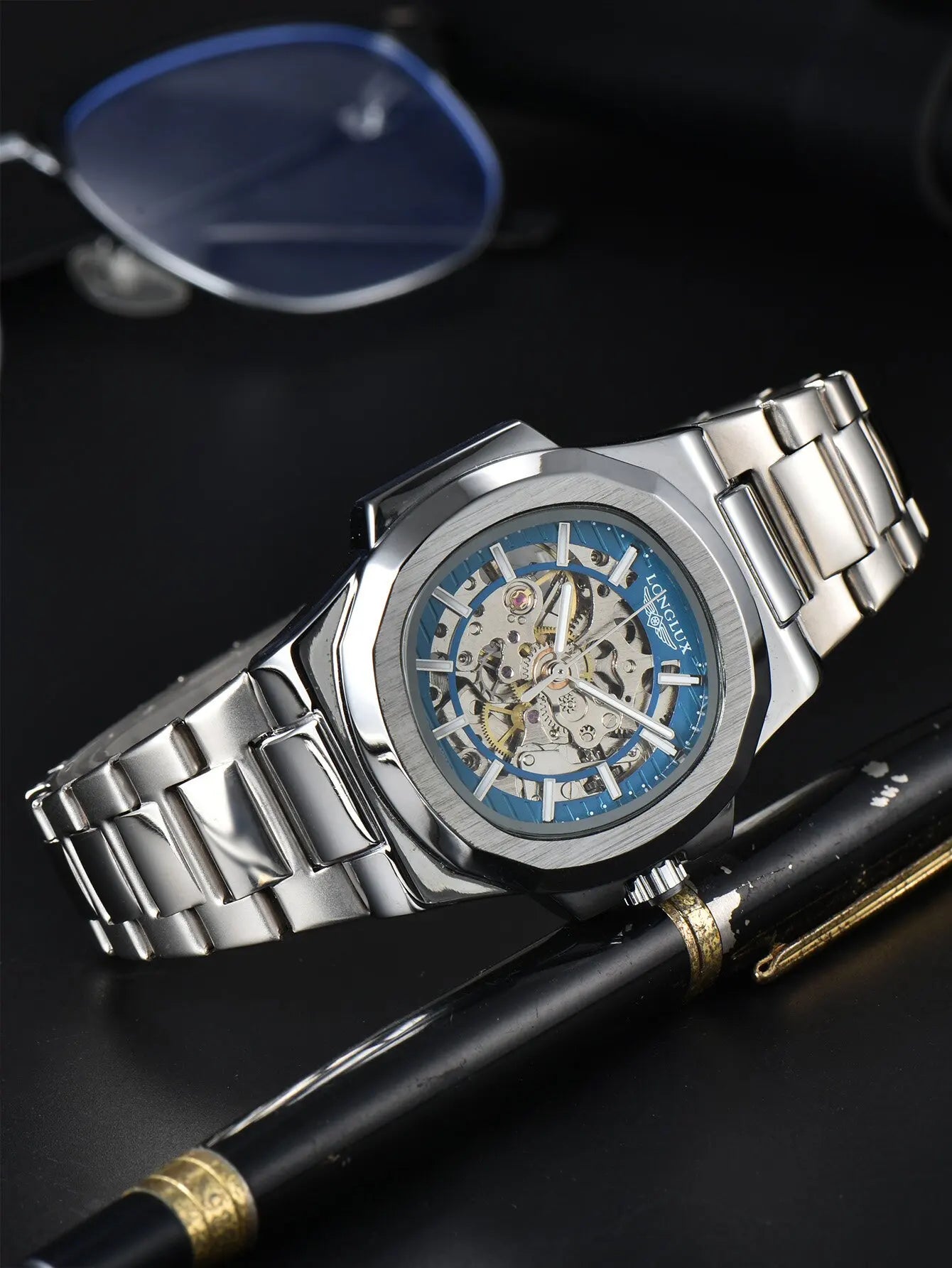 LONGLUX Luxury Automatic Skeleton Watch – Stainless Steel Waterproof Mechanical Timepiece for Men