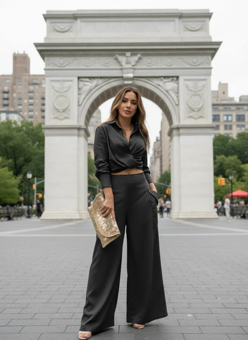 Two-piece set with draped blouse and wide-leg pants – Chic women's loungewear