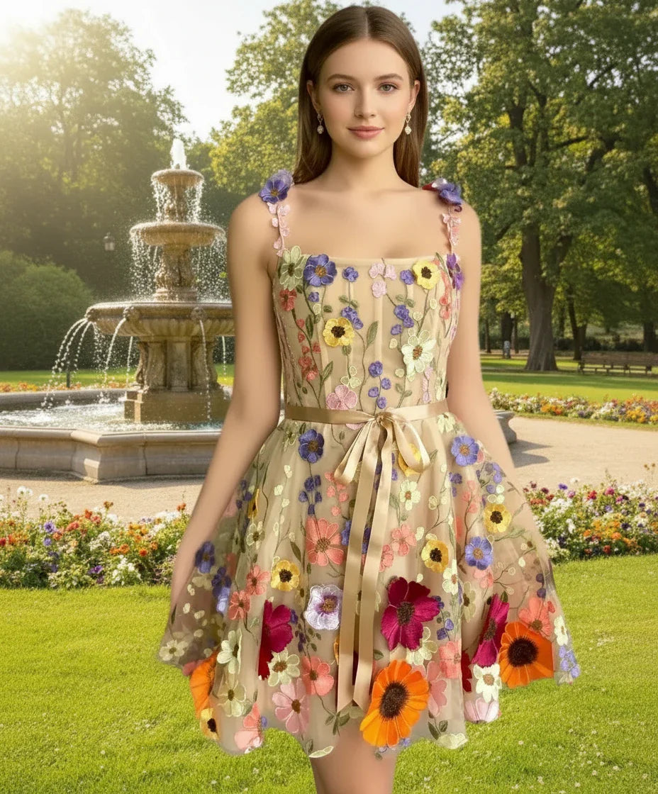 3D Floral Embroidered Sheath Dress – Spaghetti Straps & Satin Waist