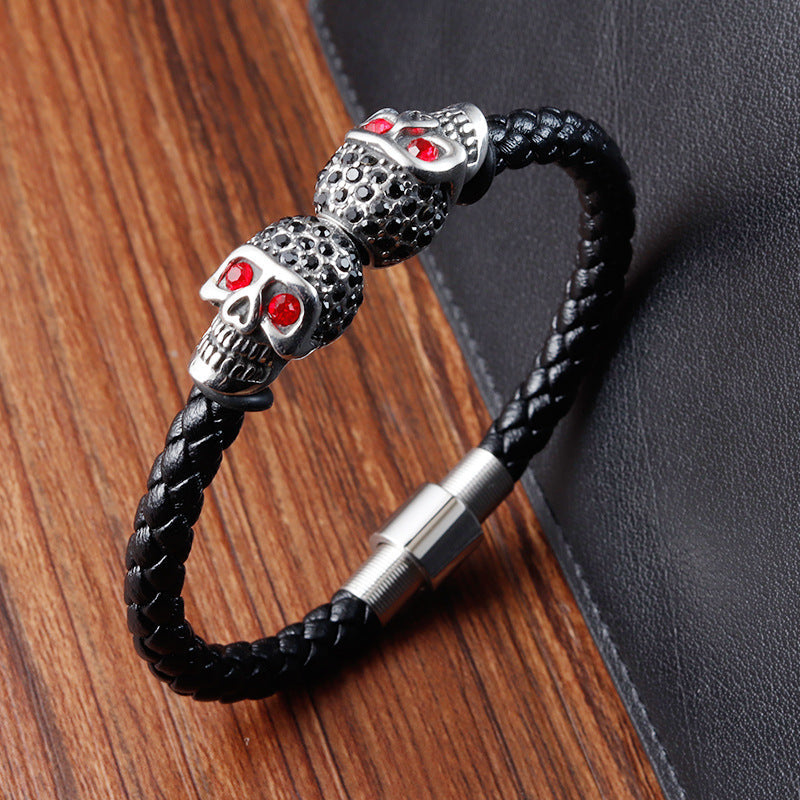 Skull Bracelet in Leather and Titanium Steel