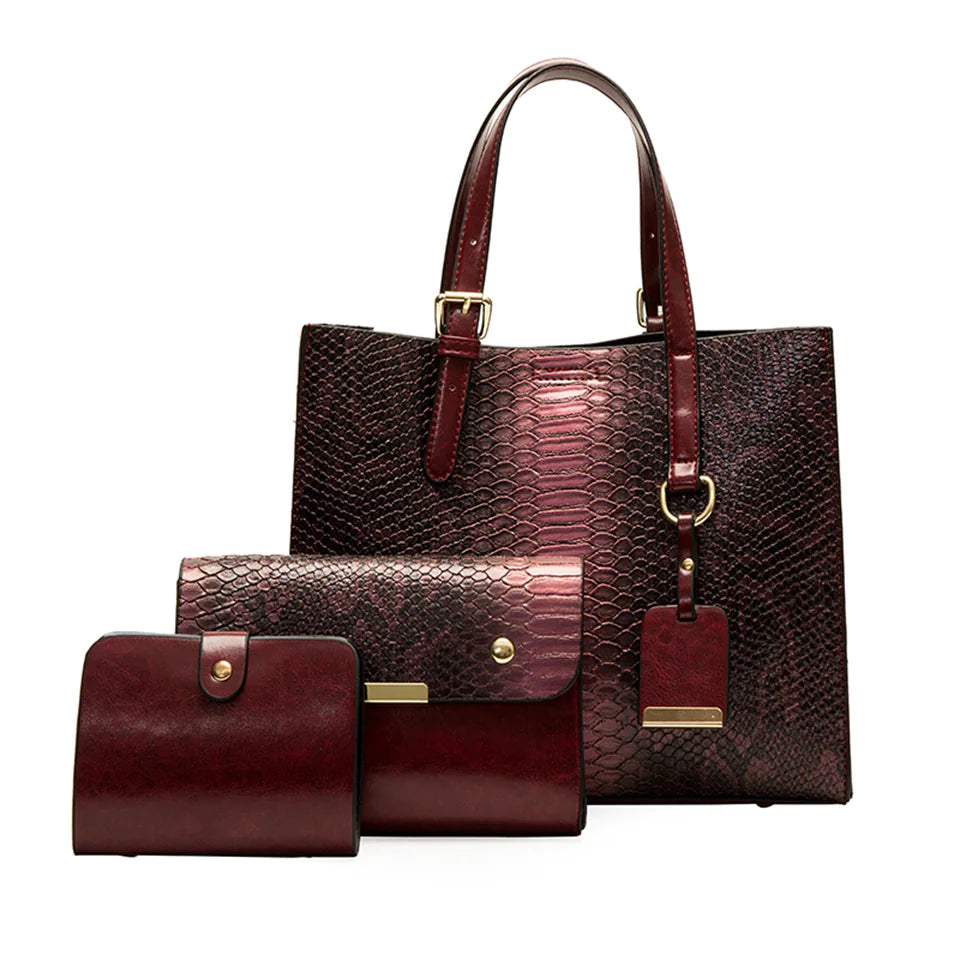3-Piece Faux-Leather Handbag & Wallet Set – Vintage Snakeskin Accent