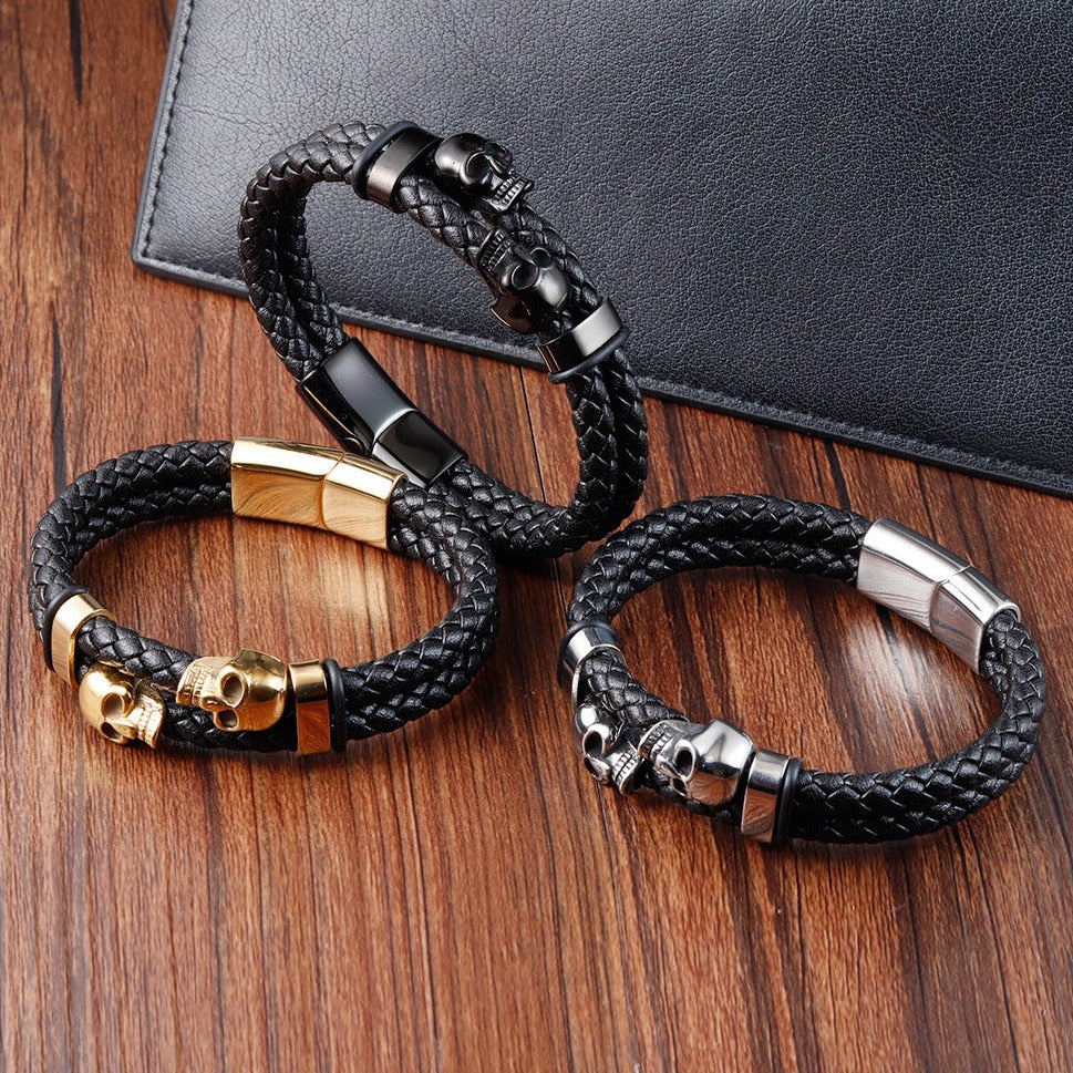 Pulsera de calavera en cuero y acero inoxidable