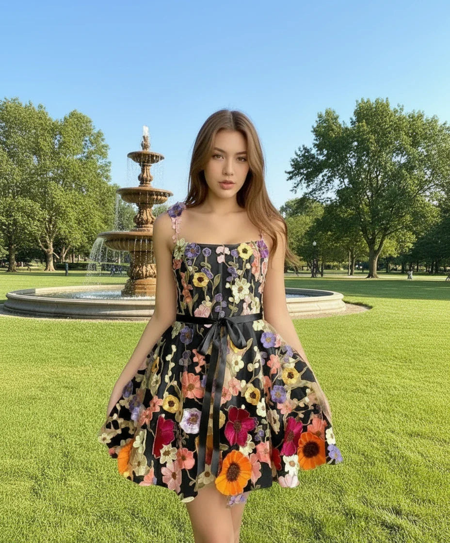 3D Floral Embroidered Sheath Dress – Spaghetti Straps & Satin Waist
