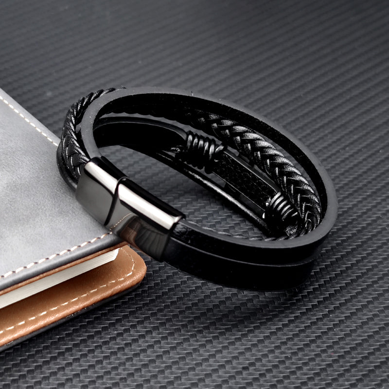 Leather and Stainless Steel Cross Bracelet