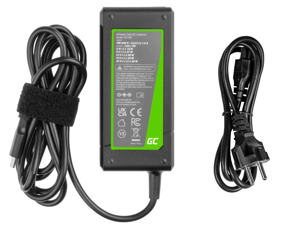Green Cell Carregador Portátil USB-C 65W para Laptops, Tablets, Smartphones