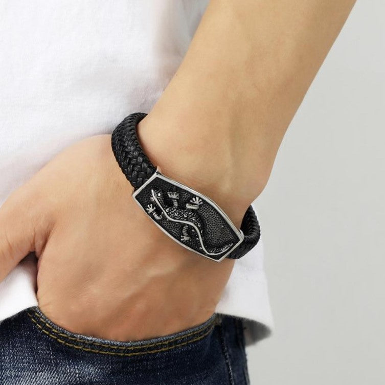 Pulseira de Couro e Aço Inoxidável 316L