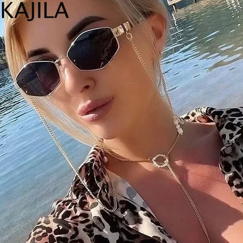 Sexy Small Frame Hexagon Sunglasses Women with Chain 2025 Luxury Brand Designer Punk Sun Glasses for Ladies Shades Gafas De Sol