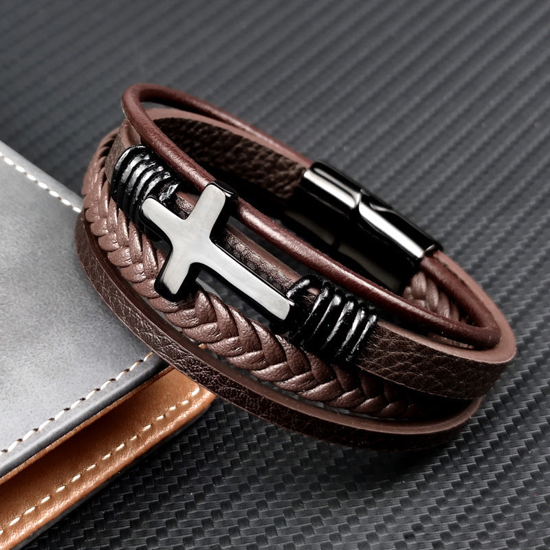 Leather and Stainless Steel Cross Bracelet