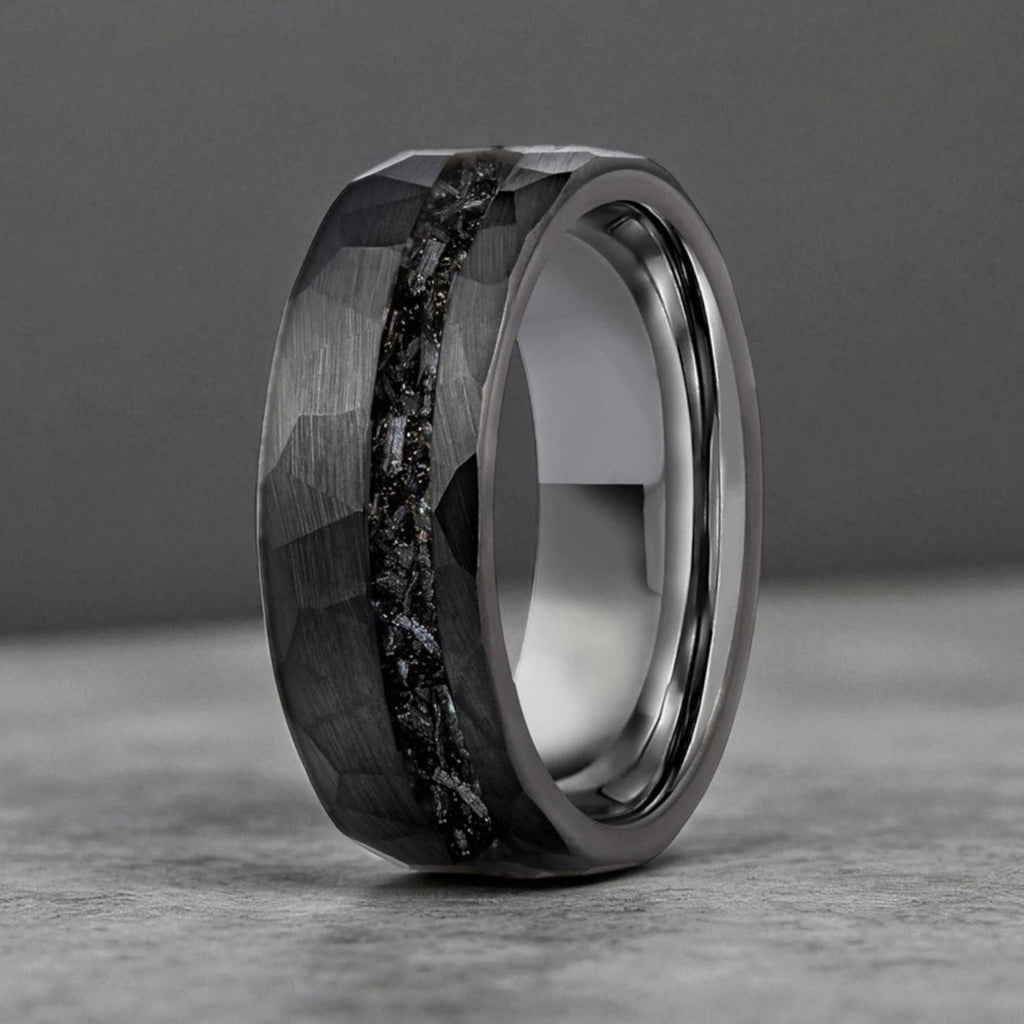 Anel em Aço de Tungsténio com Meteorito