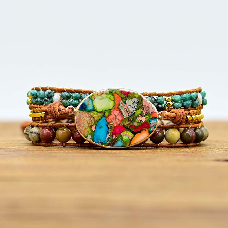 Pulseira Boêmia de Couro e Pedra Natural