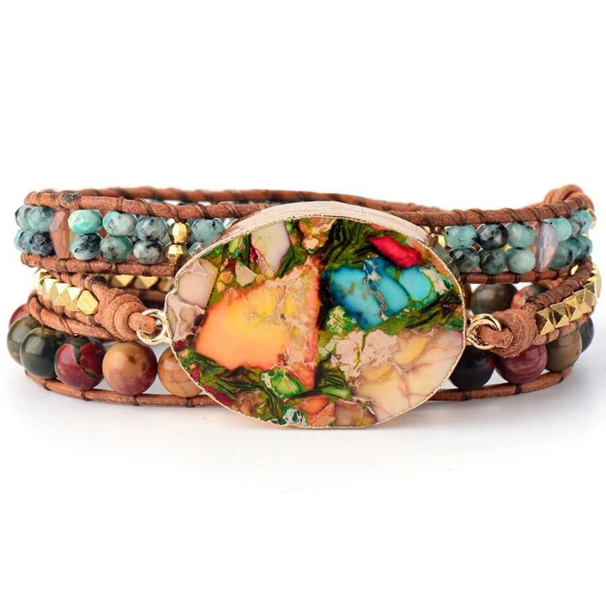 Pulseira Boêmia de Couro e Pedra Natural