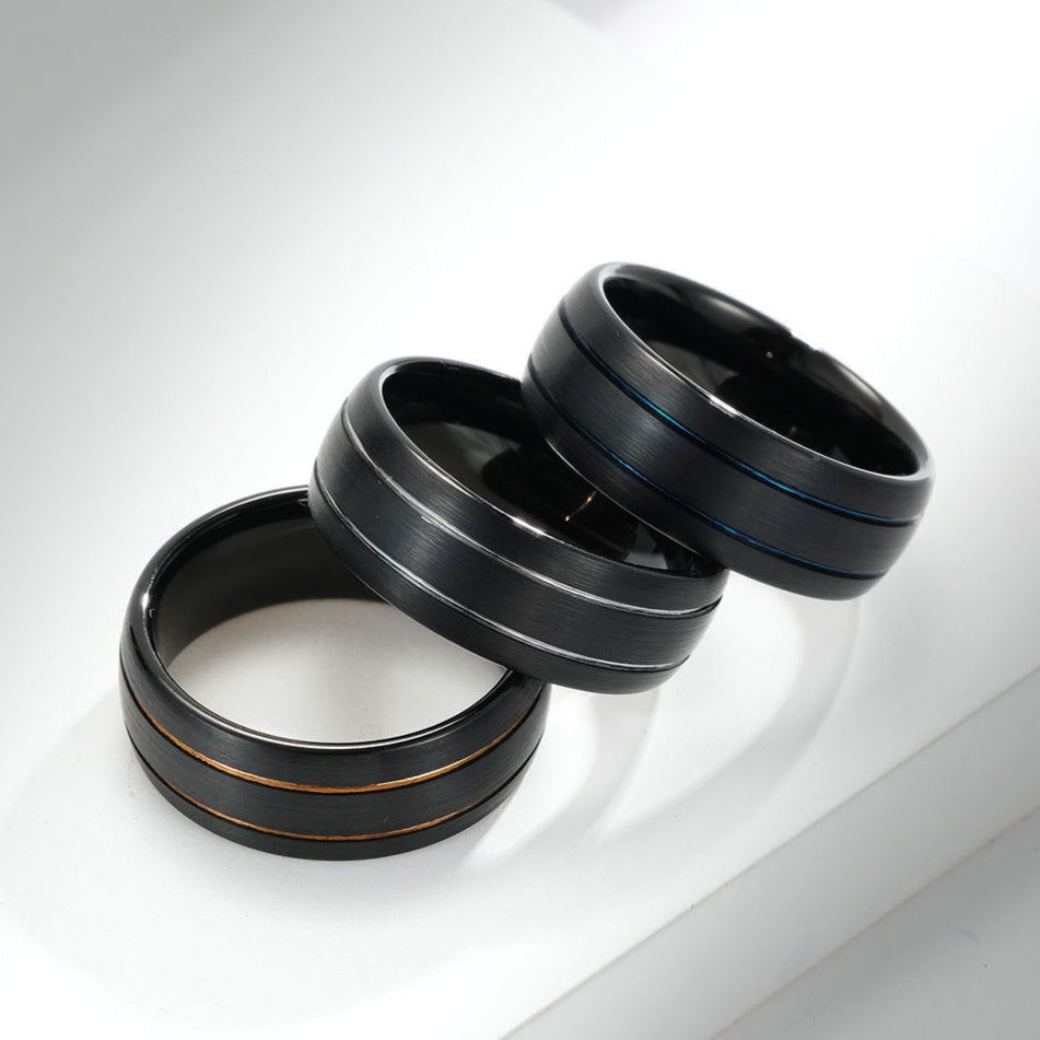 Striped Ring in Brushed Tungsten Steel