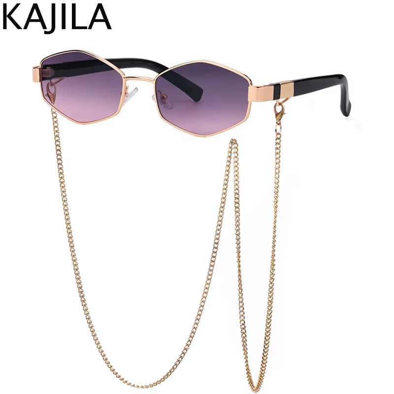 Sexy Small Frame Hexagon Sunglasses Women with Chain 2025 Luxury Brand Designer Punk Sun Glasses for Ladies Shades Gafas De Sol