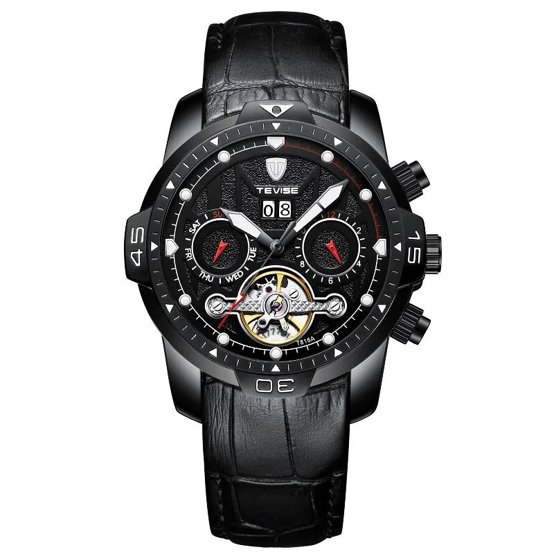 Luxury Men's Water Resistant Watch – Automatic Skeleton Dial &amp; Genuine Leather Strap