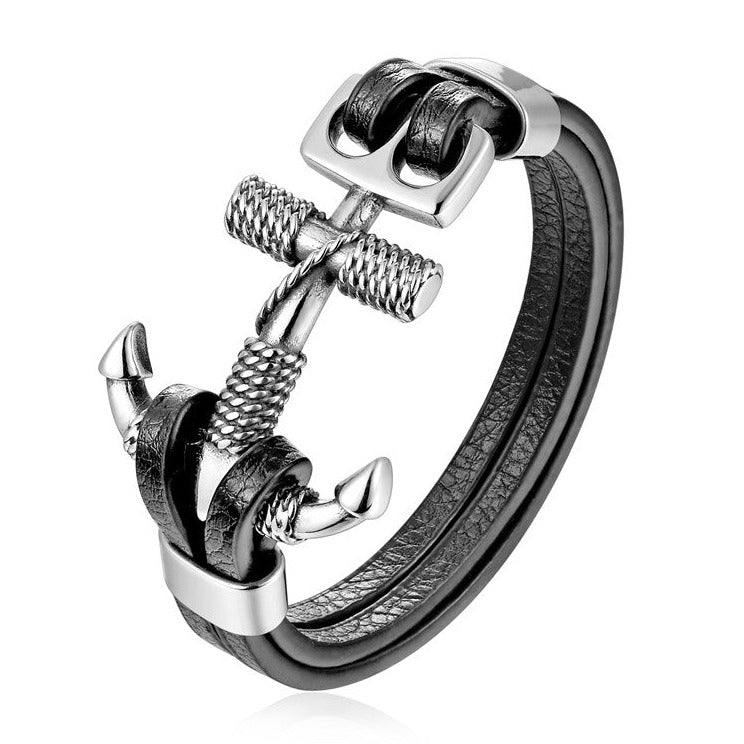 Pulseira Âncora de Couro e Aço Inoxidável