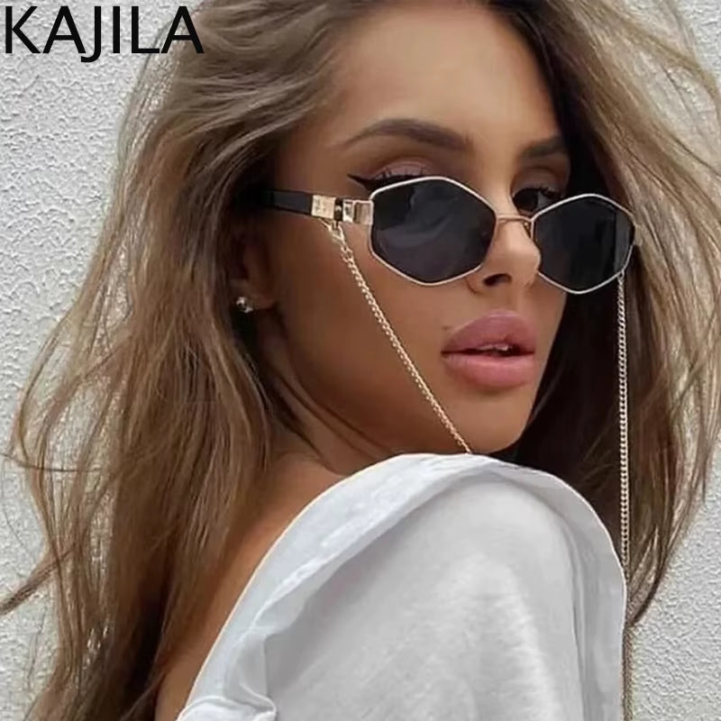 Sexy Small Frame Hexagon Sunglasses Women with Chain 2025 Luxury Brand Designer Punk Sun Glasses for Ladies Shades Gafas De Sol