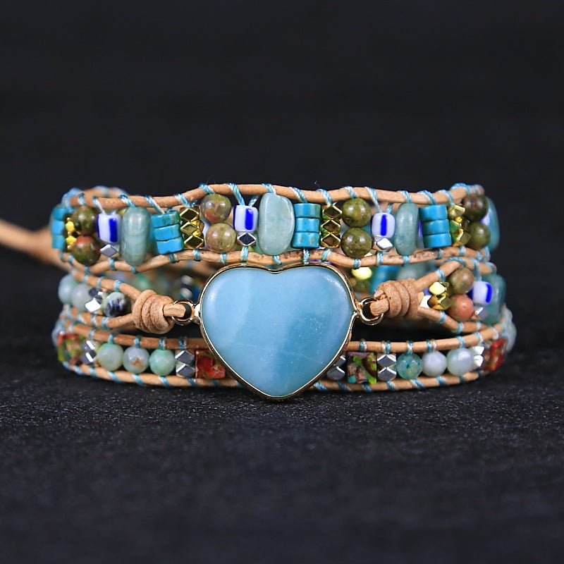 Pulseira Étnica de Couro e Pedra Natural