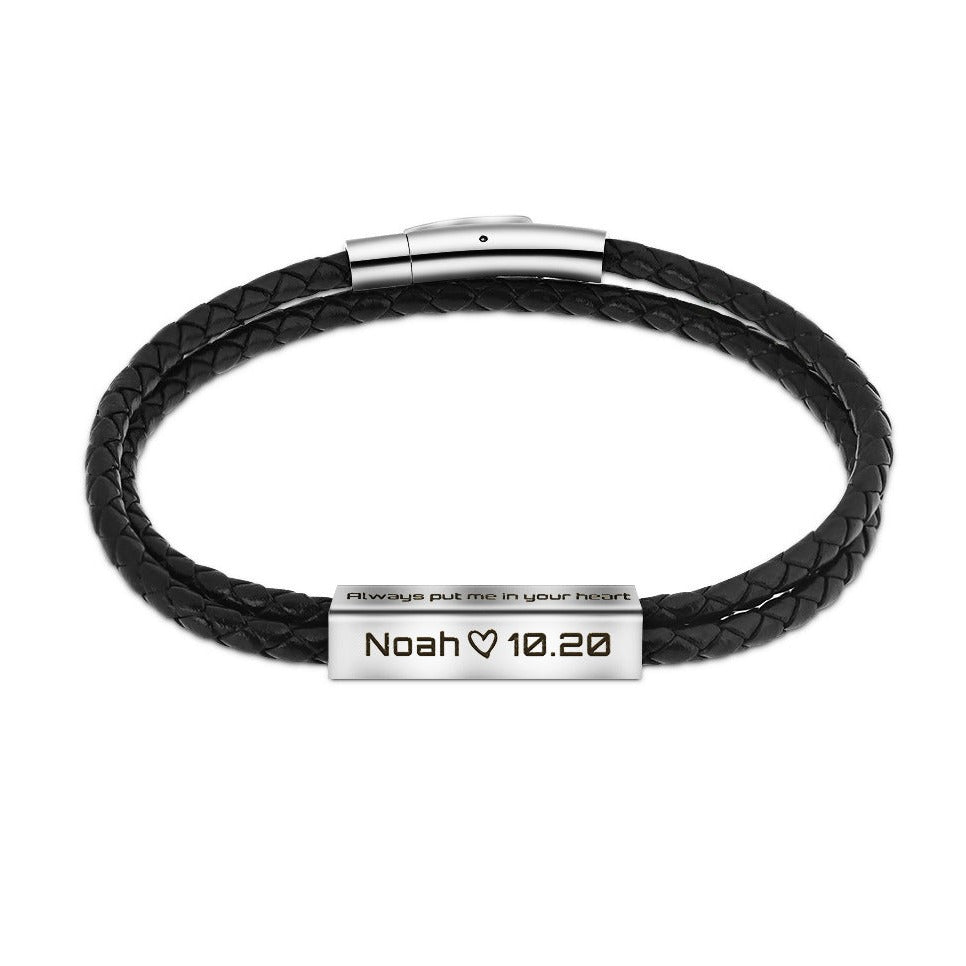 Personalized Leather and Stainless Steel Bracelet